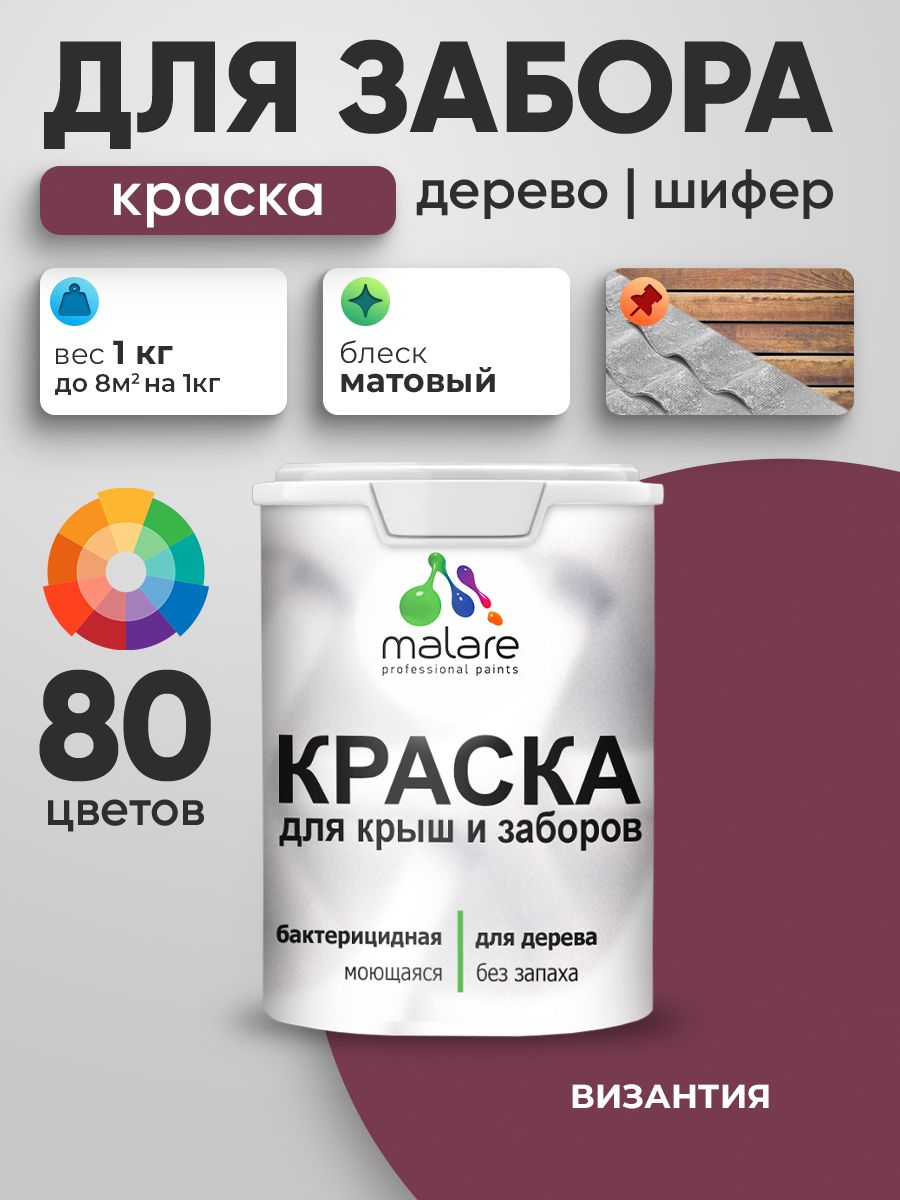 Акриловая краска Malare для деревянного забора/ по дереву для наружных и внутренних работ/ быстросохнущая моющаяся без запаха, матовая, византия, 1 кг.