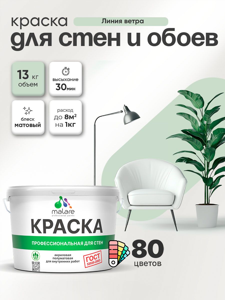 Краска Malare "ГОСТ" интерьерная для стен и обоев в сухих помещениях, для потолка, акриловая, быстросохнущая, без запаха, матовая, линия ветра, (9л - 13кг)