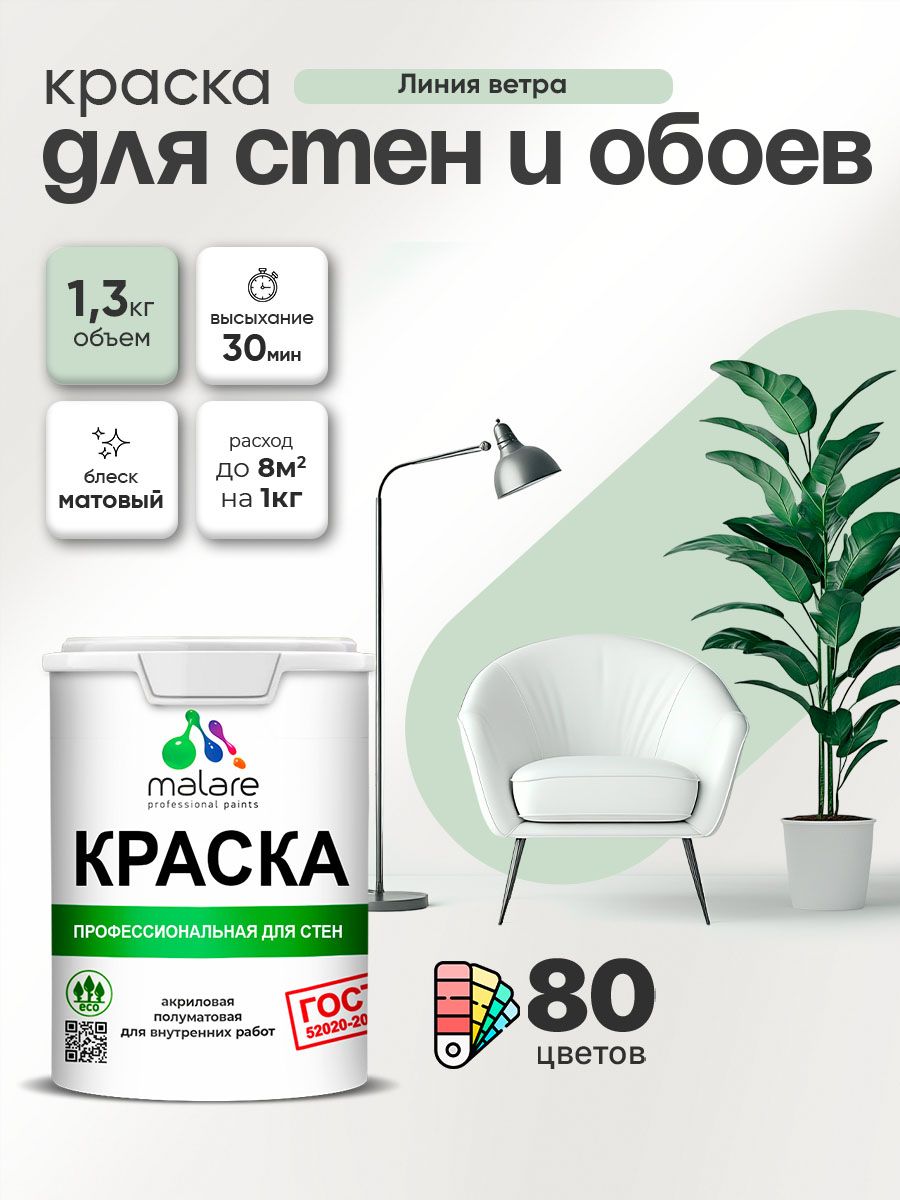 Краска Malare "ГОСТ" интерьерная для стен и обоев в сухих помещениях, для потолка, акриловая, быстросохнущая, без запаха, матовая, линия ветра, (1л - 1.3кг)