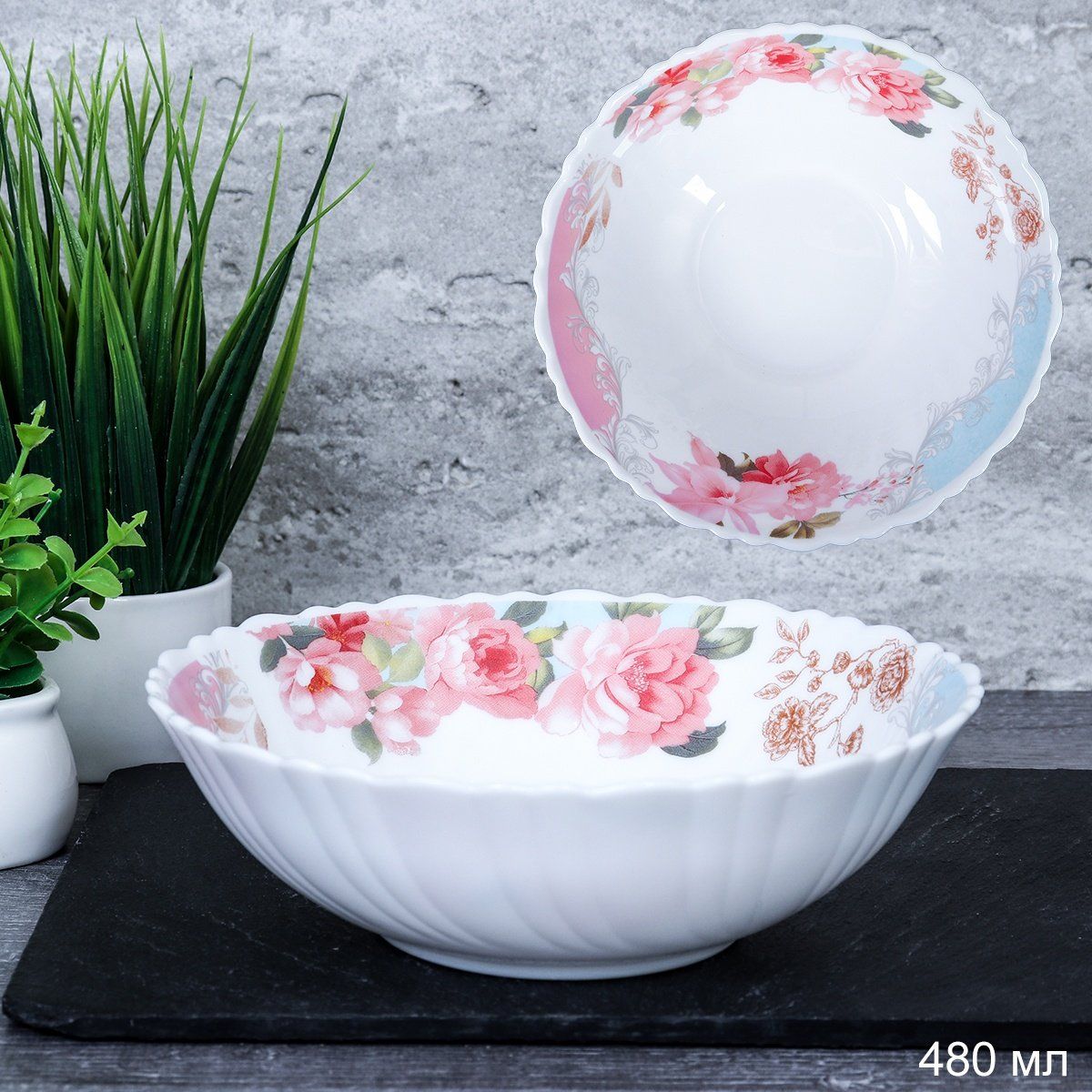 Салатник WHITE LILY глубокий Розы голубом , 480 мл, диаметр 15,5 см, розовый, голубой, стеклокерамика