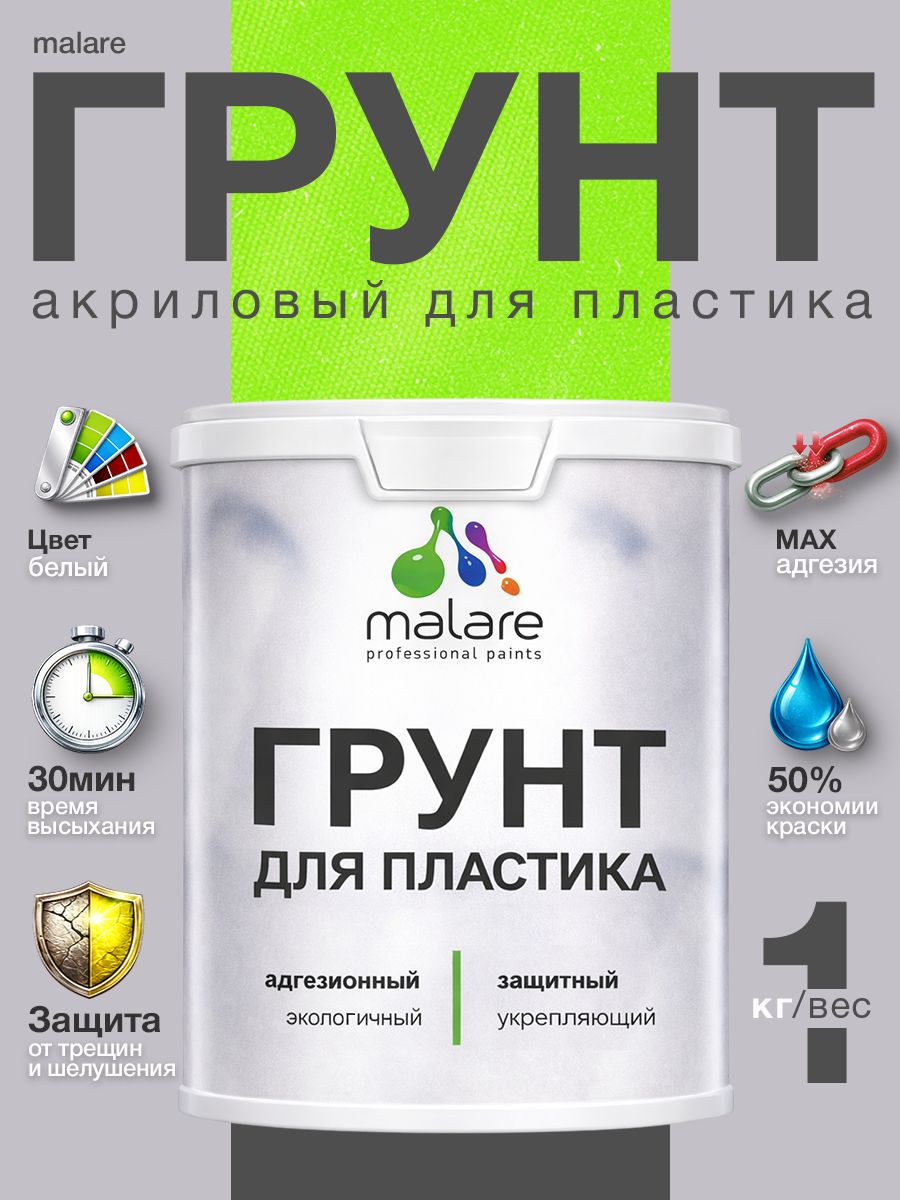 Грунт для пластика Malare акриловый адгезионный, без запаха быстросохнущий, белый, 1 кг.