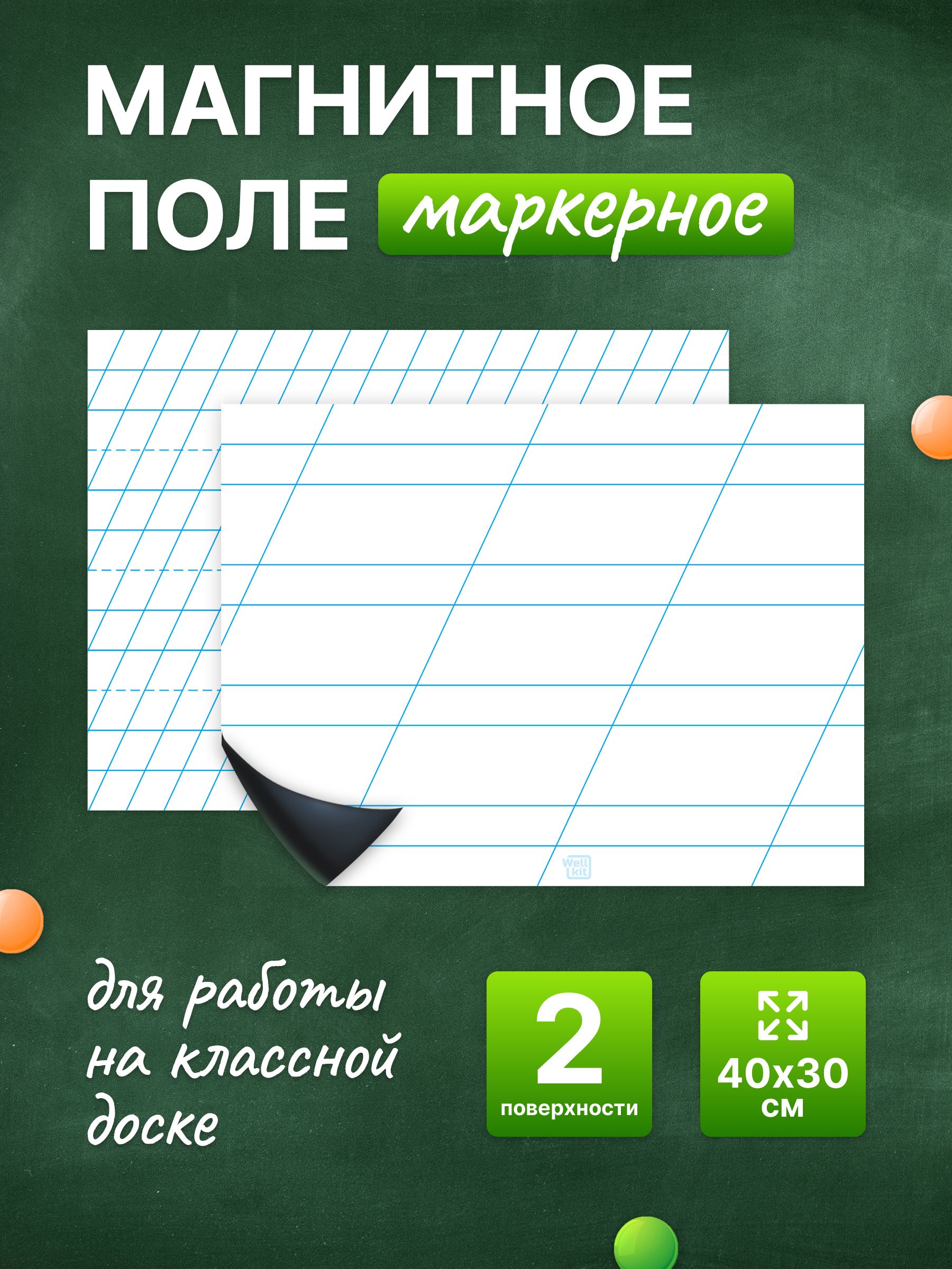 Разлиновка магнитная для школьной доски комплект редкая + частая линия 40х30 см. WellKit