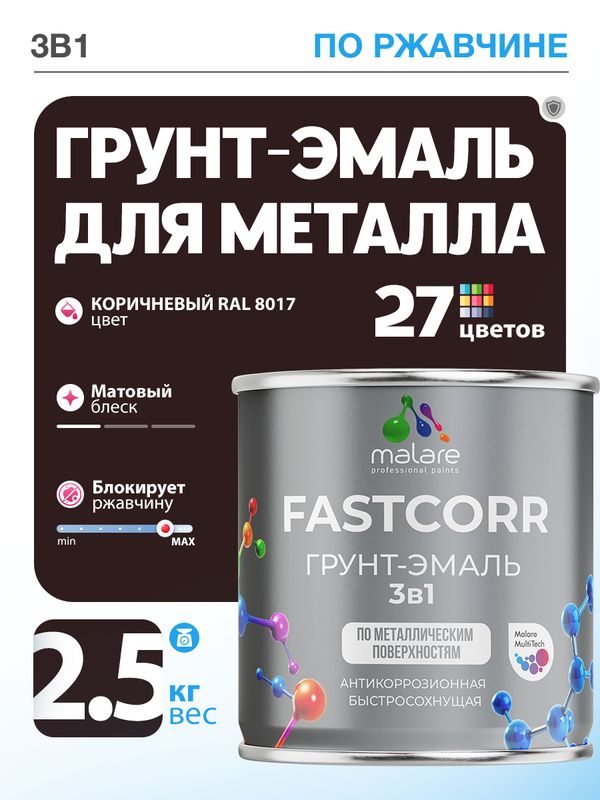 Грунт-эмаль по ржавчине 3 в 1 Malare FastCorr краска для металла, антикоррозионная износостойкая быстросохнущая RAL 8017, коричневый, матовая, 2,5 кг.