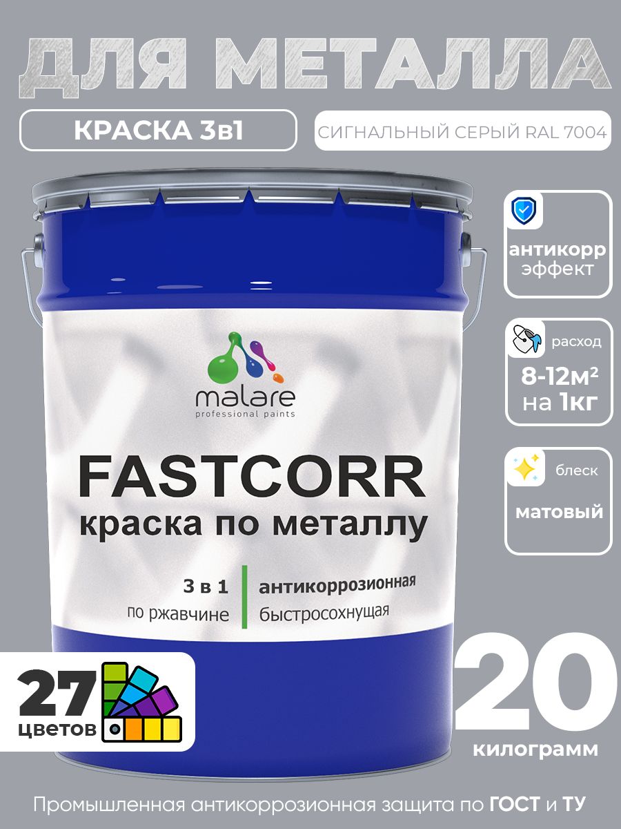 Краска для металла по ржавчине Malare FastCorr, для наружных работ износостойкая, быстросохнущая RAL 7004 сигнальный серый, матовая, 20 кг
