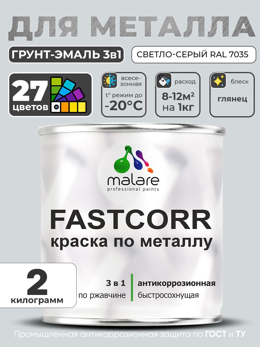 Краска для металла по ржавчине Malare FastCorr, для наружных работ износостойкая, быстросохнущая RAL 7035 светло-серый, глянцевая, 2 кг