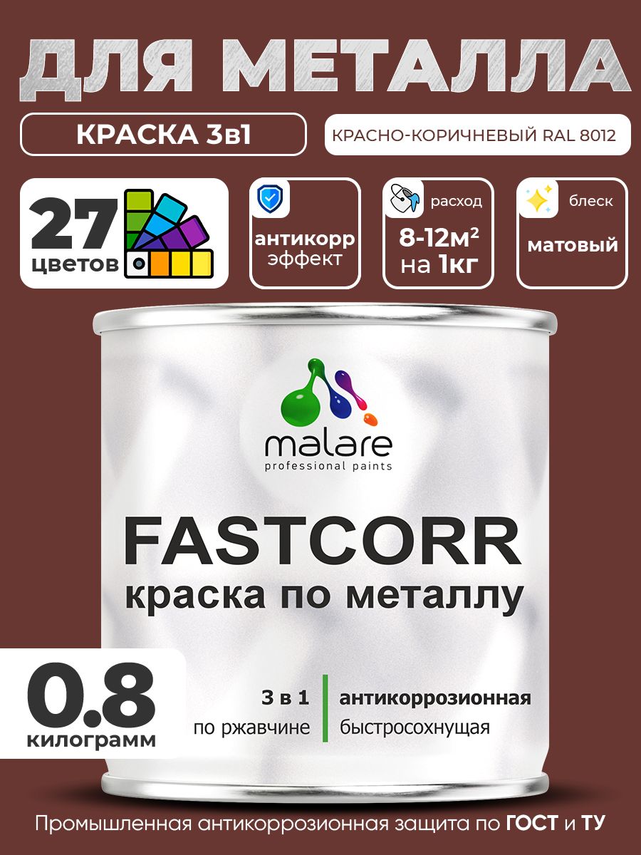 Краска для металла по ржавчине Malare FastCorr, для наружных работ износостойкая, быстросохнущая RAL 8012 красно-коричневый, матовая, 0,8 кг