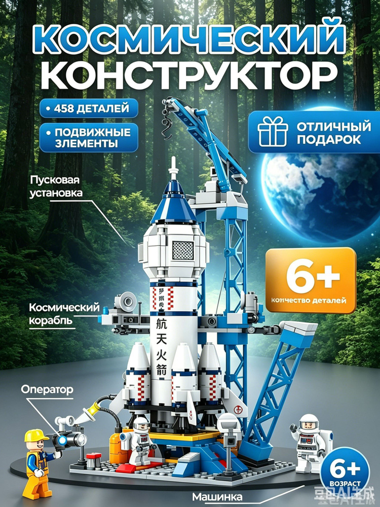 Конструктор для мальчика, девочки, пластиковый, Космическая ракета на космодроме, 458 детали, ПАКЕТ #1