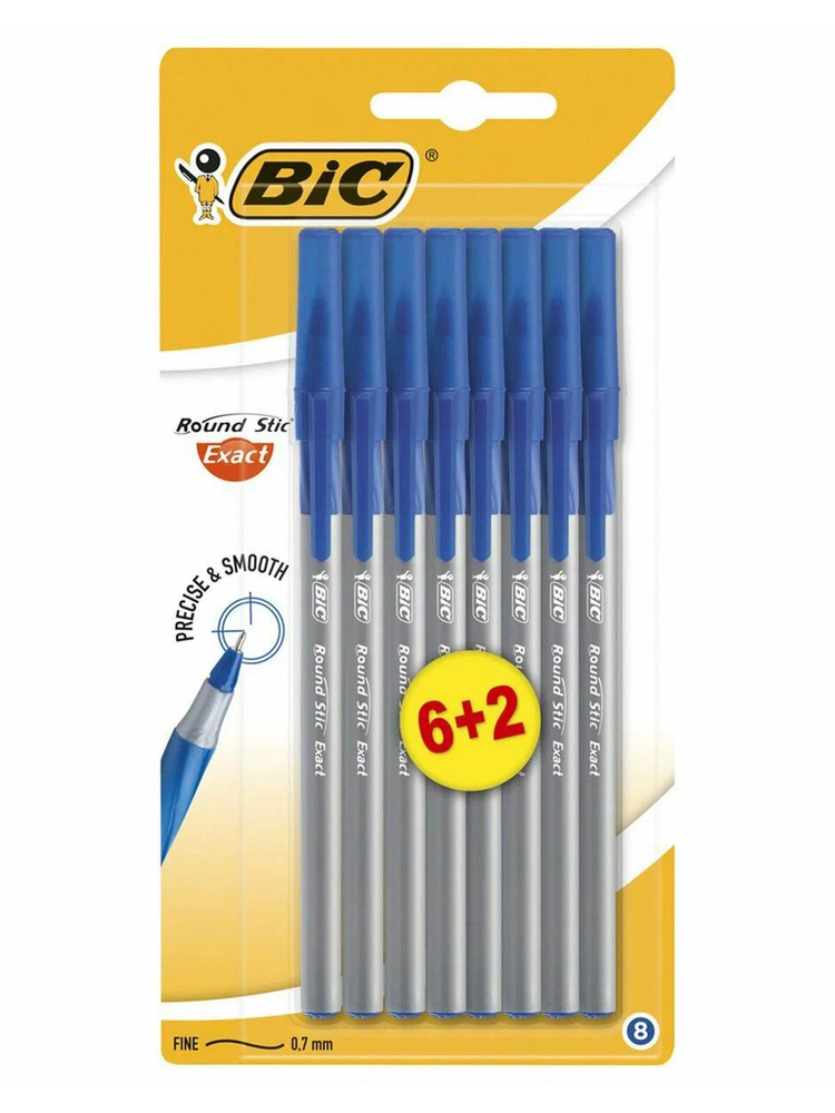 Шариковые ручки синие BIC классические тонкое письмо с грипом, набор 8 шт. #1