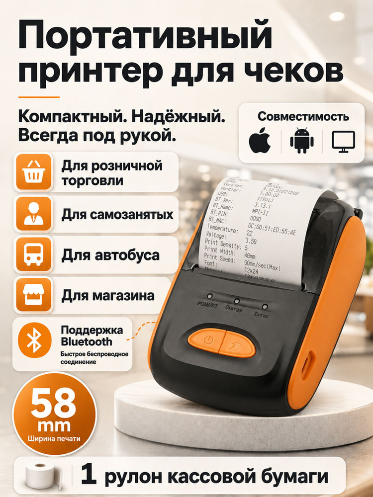 Принтер для чеков (термопринтер) с поддержкой Bluetooth, оранжевый. #1