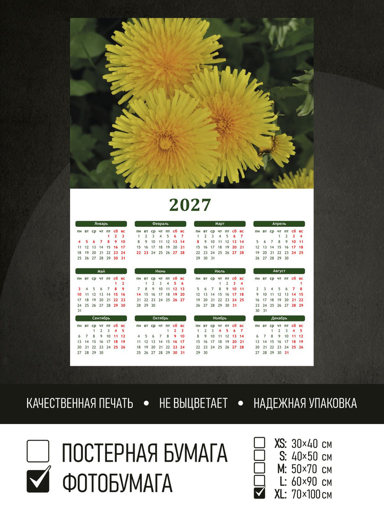 Календарь 2027 Три желтых одуванчика, фотобумага 70х100 см ПолиЦентр #1