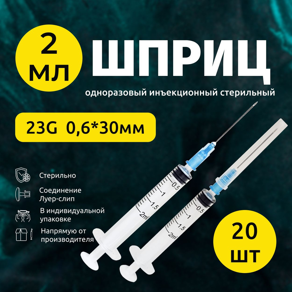 Шприц 3РС 2мл 20шт. медицинский 3-х компонентный с иглой 0,6х30мм 23G ...