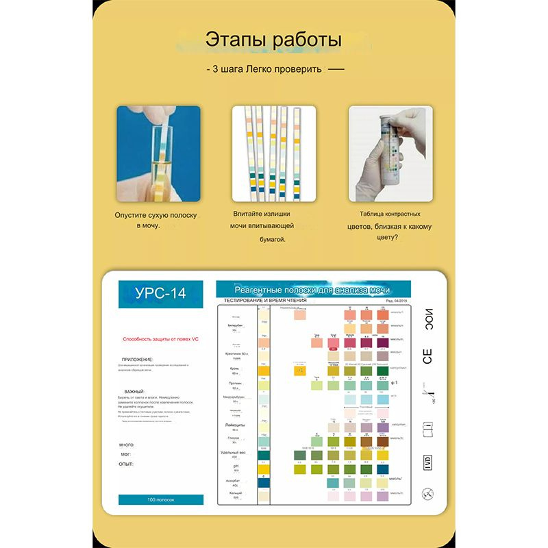 Тест-полоски для мочи URS-14 На 14 параметров pH крови Креатинин Кетон ...