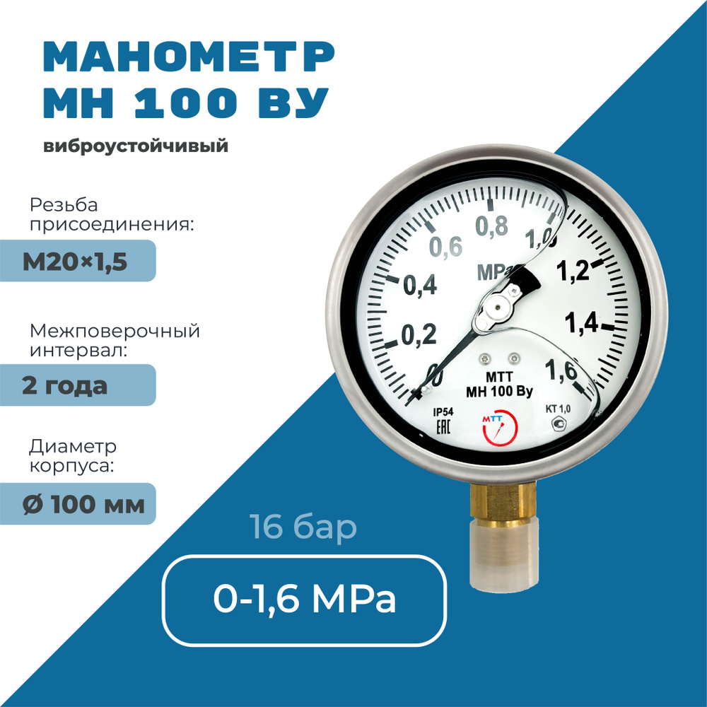 Манометр виброустойчивый МН100 от 0 до 1,6 МПа (16 бар), резьба М20х1,5 ...