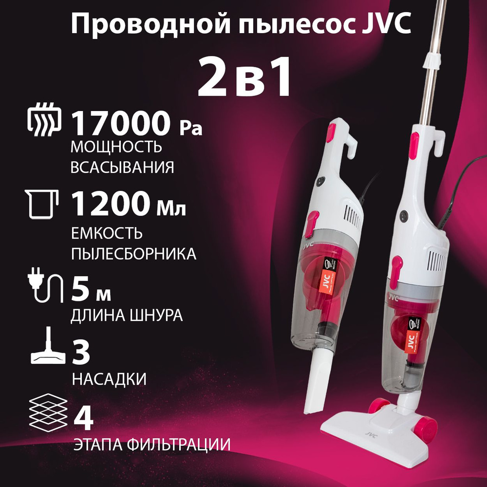 Пылесос для дома вертикальный JH-VS115 2 в 1 вертикальный и ручной, 3 насадки, моющийся HEPA фильтр, #1