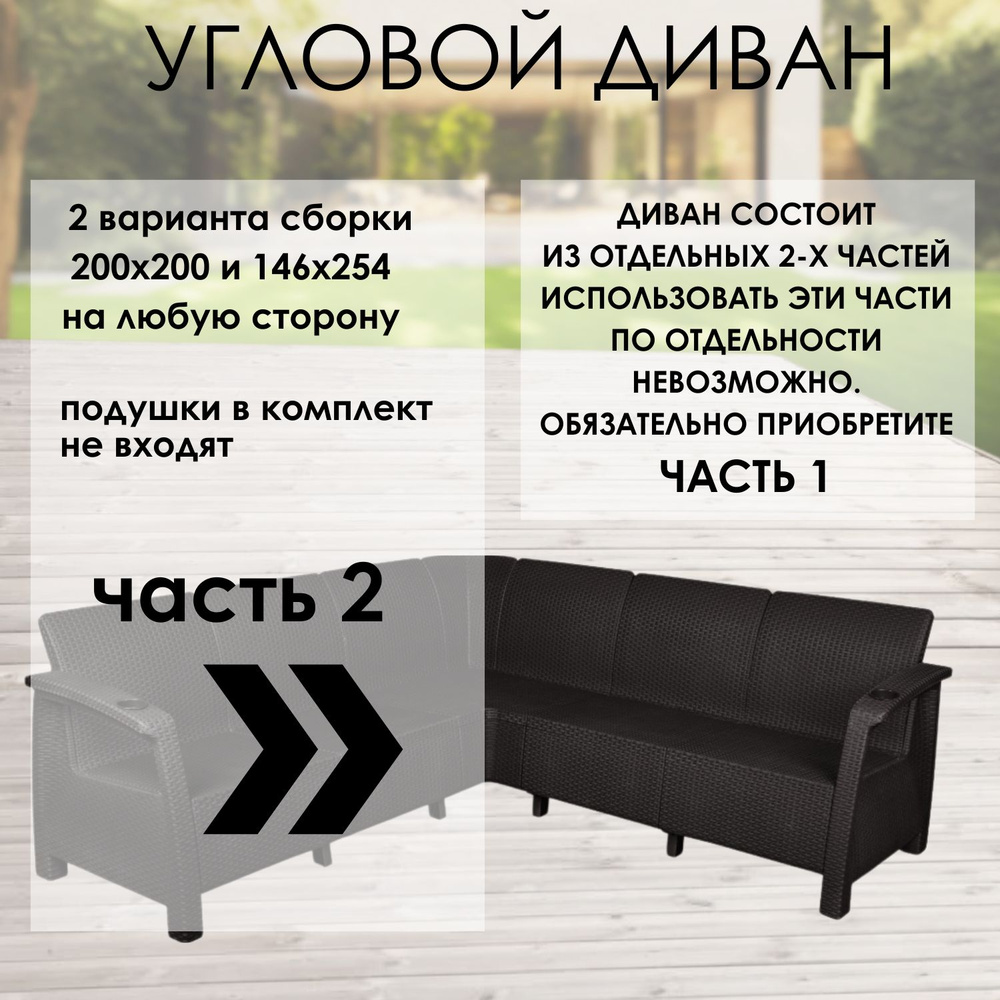 Диван садовый угловой 200x200x79 см, мокко, Часть 2 без подушек  #1