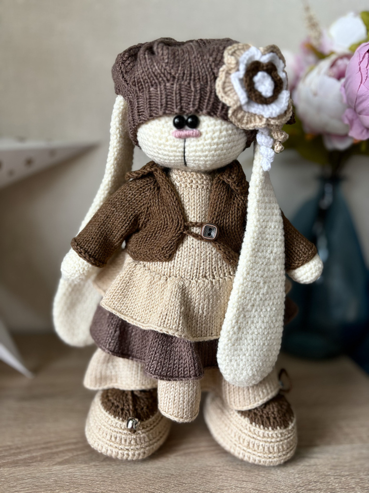 Вязаная мягкая игрушка Тильда Зайка со съемной одеждой ручной работы ...