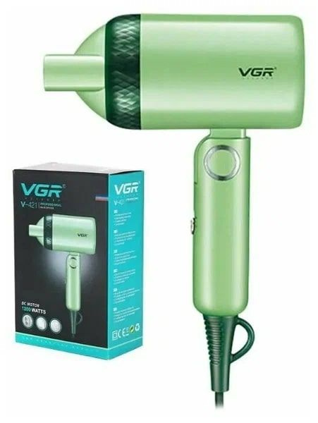 VGR Фен для волос VGR-421 Фен дорожный складной 1200 Вт, скоростей 2, кол-во насадок 1, зеленый, светло-зеленый #1