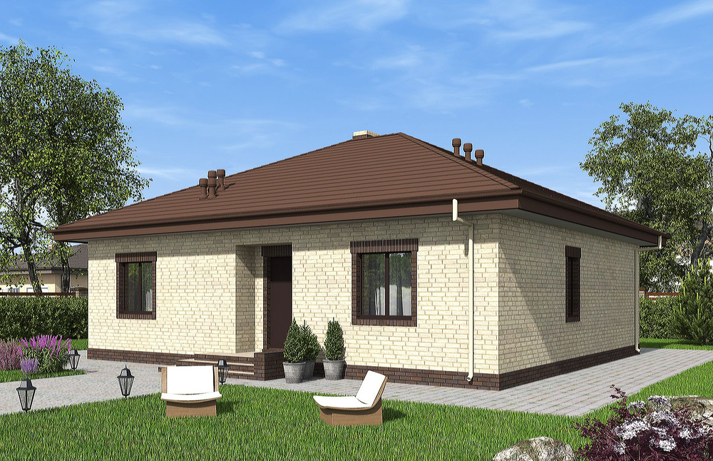 Проект Rg6255 - Одноэтажный дом с террасой и камином (96 м2, 14м x14м)  #1