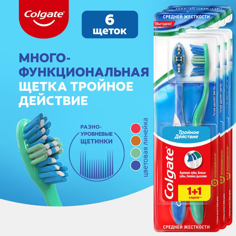 Зубная щетка Colgate Тройное действие многофункциональная, средней ...