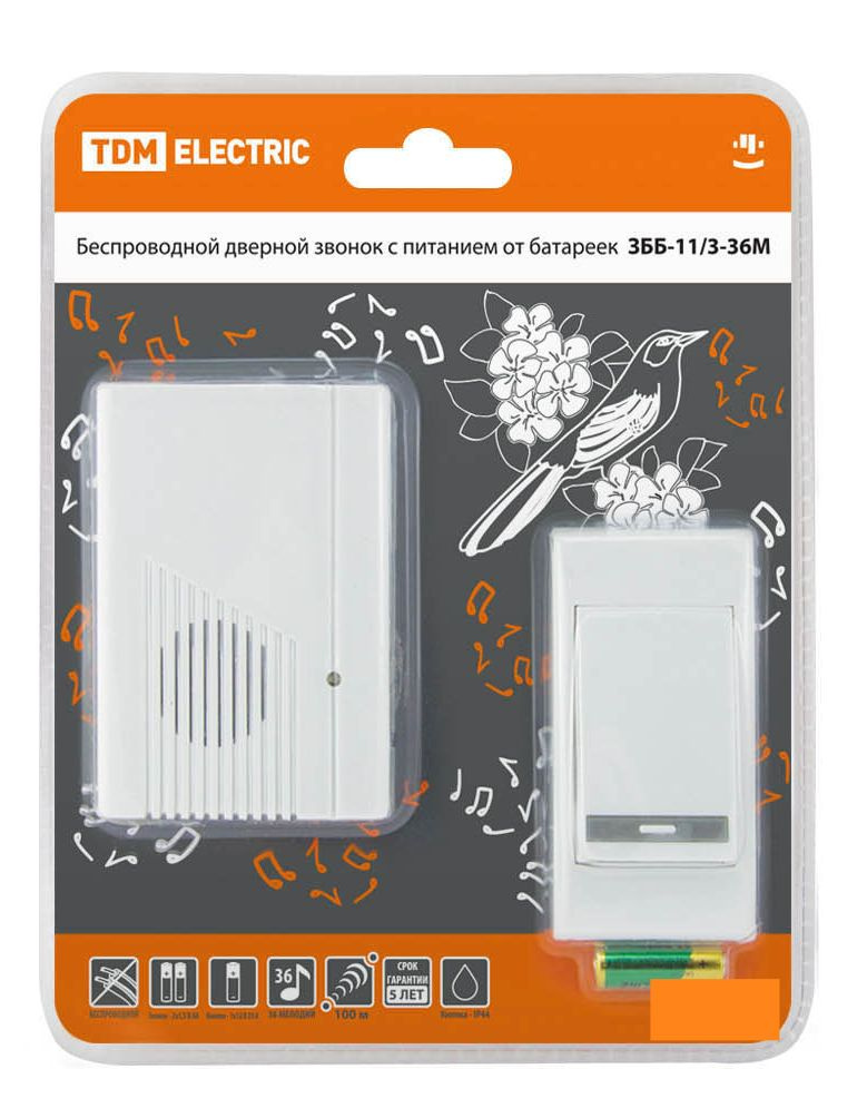 Звонок дверной беспроводной TDM Electric / ТДМ Электрик ЗББ-11/3 36М на батарейках, 36 мелодий, кнопка #1