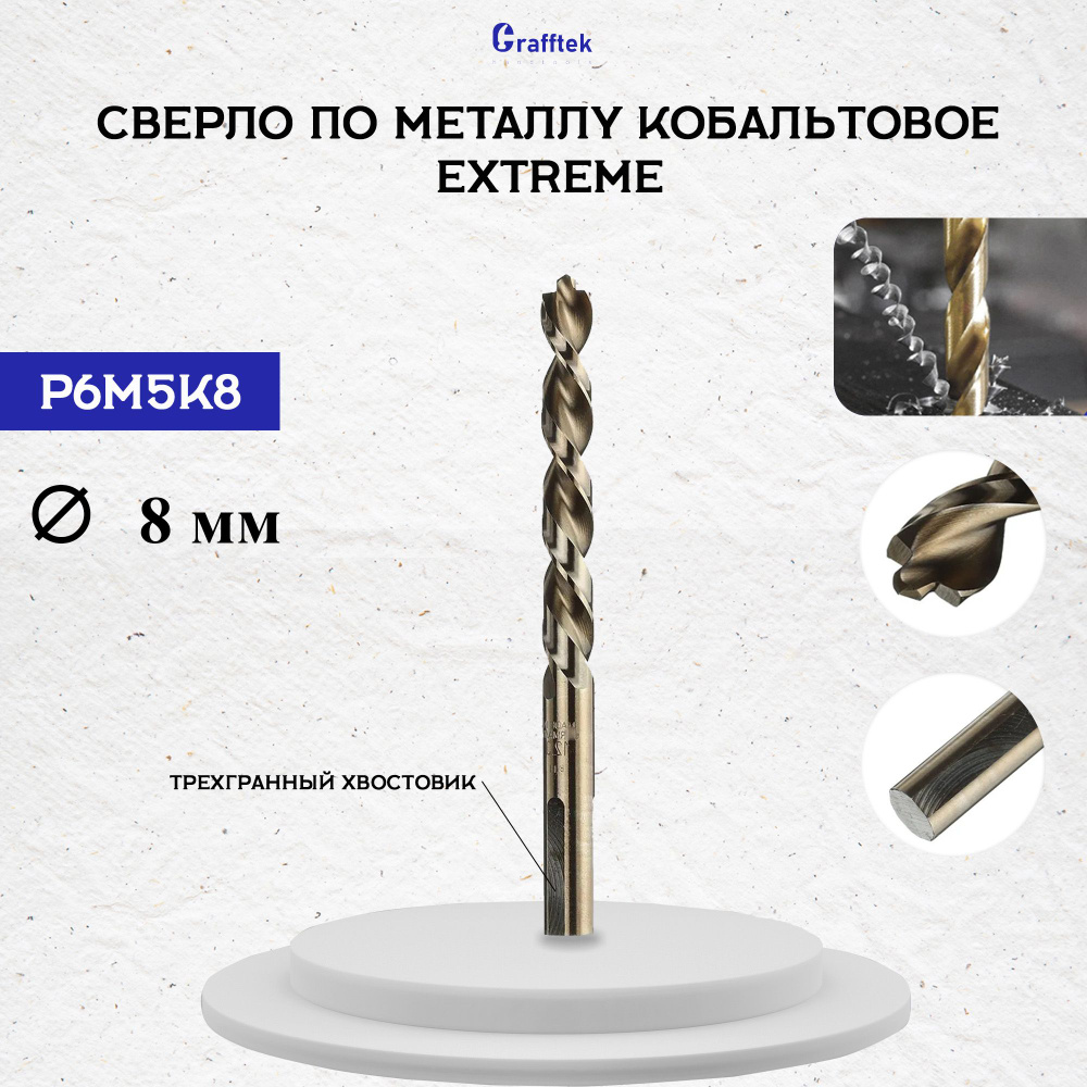 Сверло по металлу кобальтовое Extreme Р6М5К8 с трехгранным хвостовиком 8мм  #1