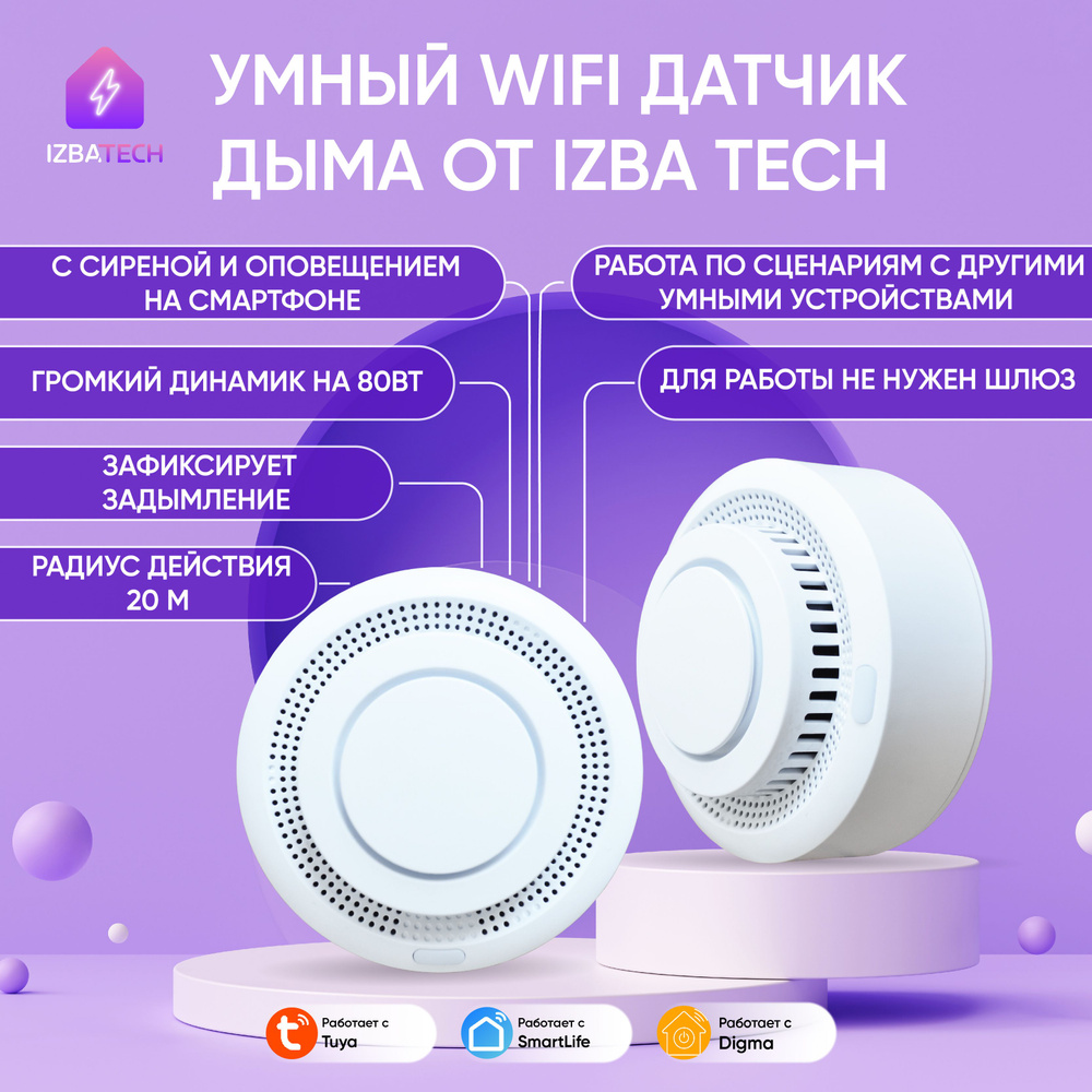 Умный датчик дыма беспроводной автономный с WIFI детектор дыма от Tuya  Smart работает без шлюза, можно связать с умной розеткой /  мастер-выключателем с Алисой - купить с доставкой по выгодным ценам в