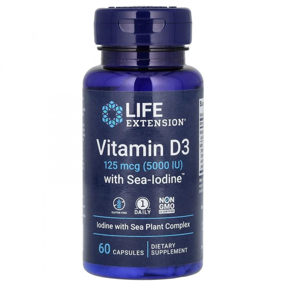 Витамин Д3 с йодом Life Extension Vitamin D3 with Sea-Iodine, 125 мкг (5,000 IU), 60 капсул  #1