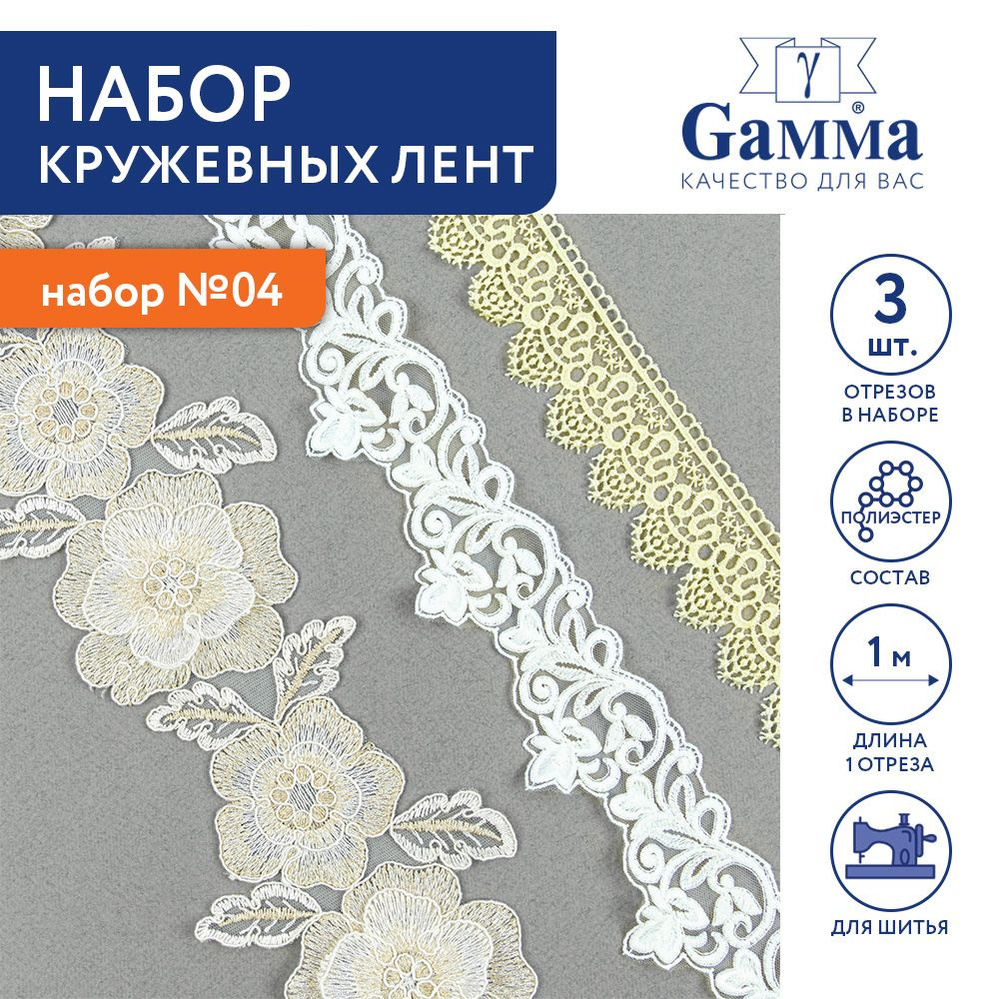 Набор кружевных лент гипюр 3шт по 1м "Gamma" GLMS-1 №04 #1