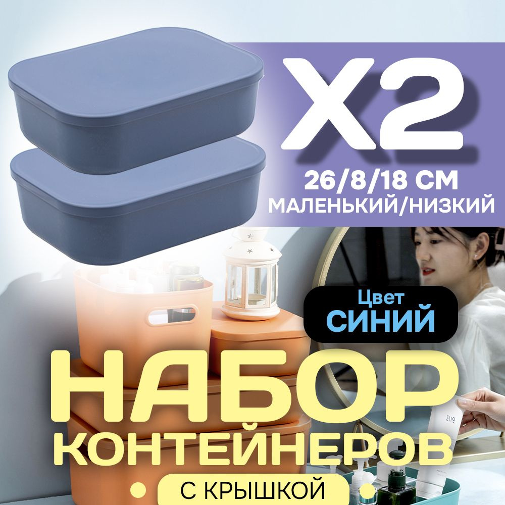 Набор из 2-х контейнеров с крышкой для хранения пластиковый цветной SH179 (синий низкий маленький)  #1