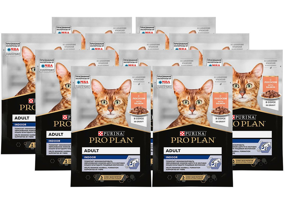 PRO PLAN INDOOR для взрослых кошек, живущих дома, с лососем в соусе ...