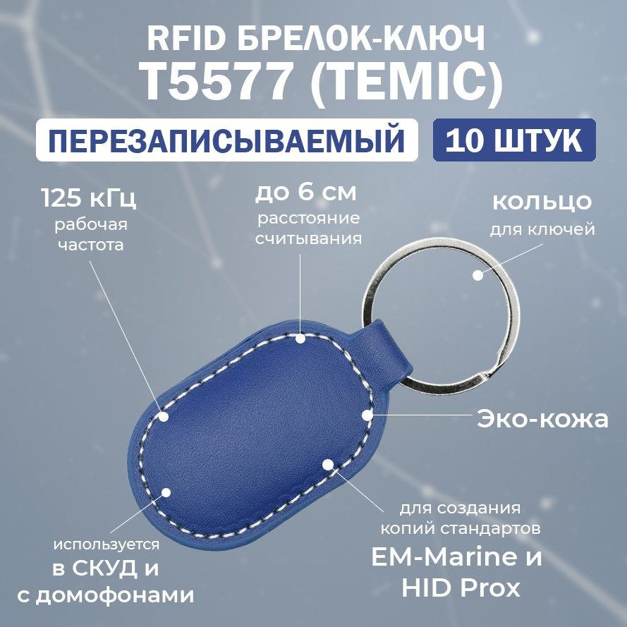 Перезаписываемый кожаный RFID брелок T5577 (CLASSIC-TEMIC) СИНИЙ / брелок-заготовка для создания копий #1