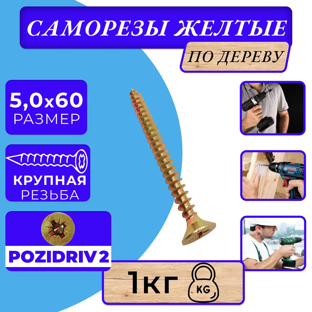 Саморезы по дереву желтые 5х60 жёлтый цинк. #1