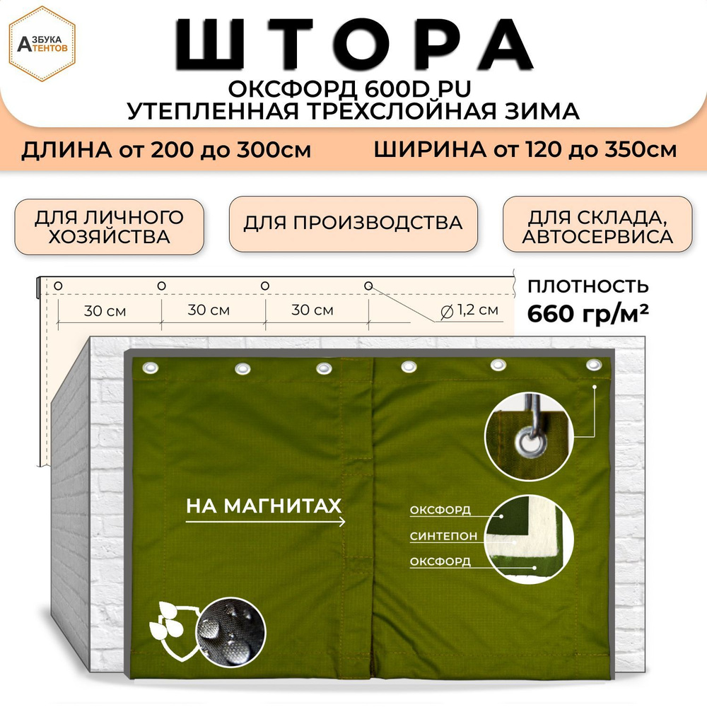 Штора утепленная трехслойная (Оксфорд 600) 290х310, полог с люверсами универсальный на магнитах, тент #1