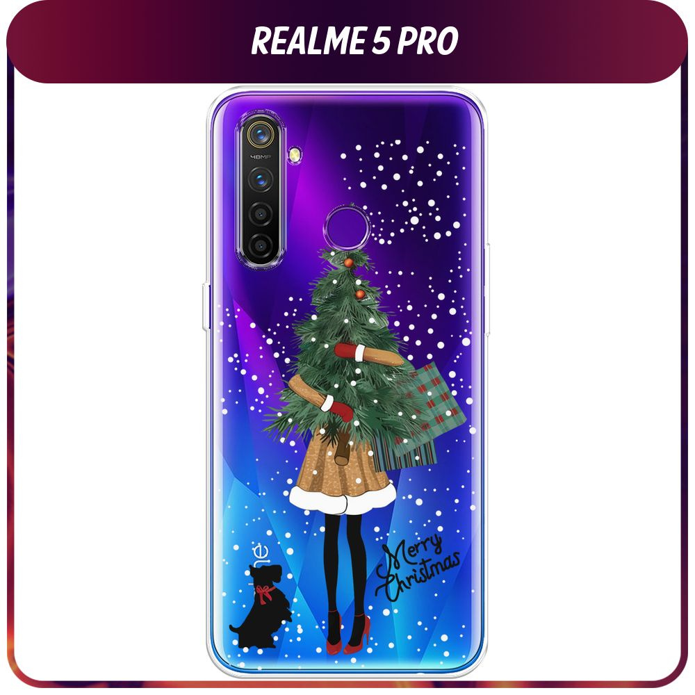 Силиконовый чехол на Realme 5 Pro / Реалми 5 Про - "Новогодний - Девушка с ёлкой black", прозрачный  #1