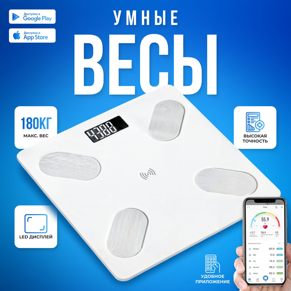 Весы напольные , умные электронные смарт весы с подключением к телефону Bluetooth белые  #1