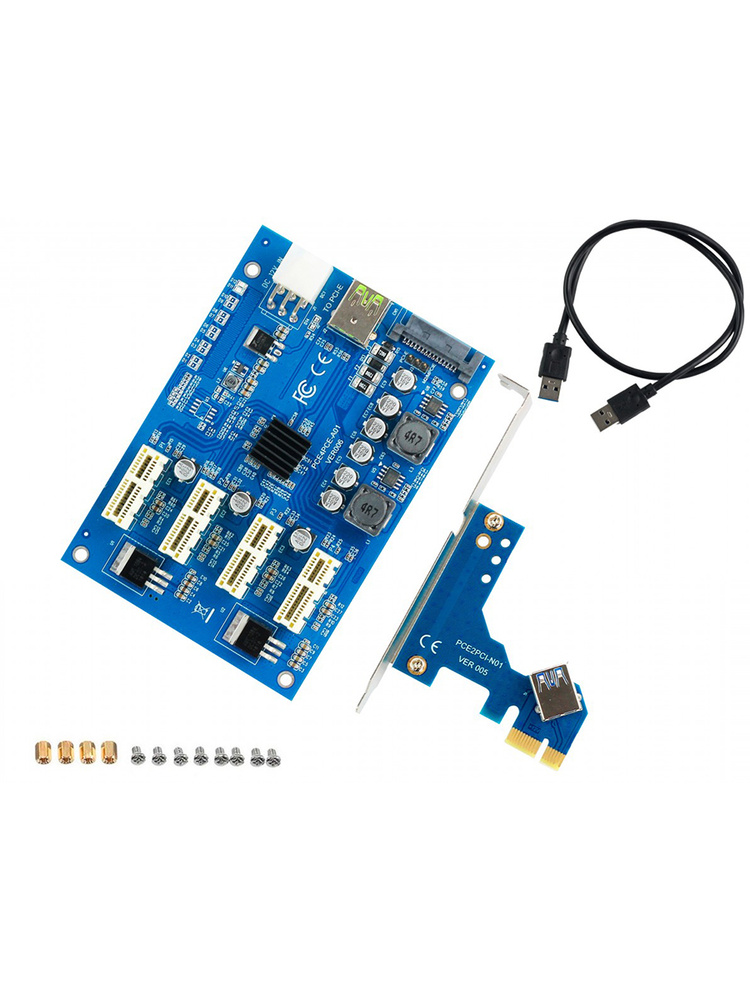 Райзер-адаптер PCI-E 1x на 4 PCI-E 1x c USB 3.0 питанием 6 PIN и SATA 3.0 6 GB/s GSMIN PX25 (Синий) #1