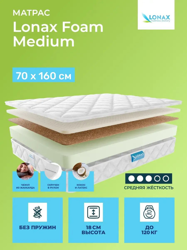 Матрас 70х160 Lonax Foam Medium, беспружинный, двусторонний с разной жесткостью, cредне-жёсткий, кокосовое #1