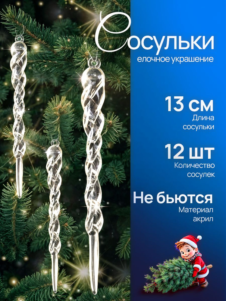 Елочные игрушки / новогодния украшения сосульки на елку прозрачные, 12 шт #1