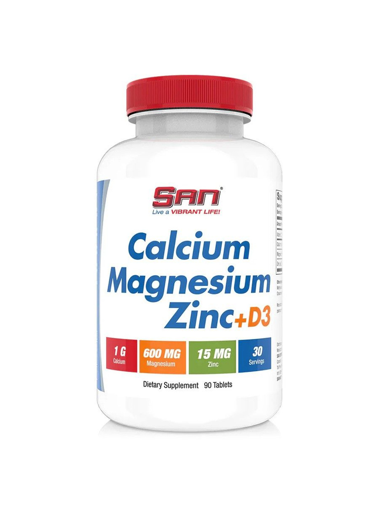 Кальций, Магний, Цинк + Витамин D3, 90 таблеток SAN, Calcium Magnesium ...