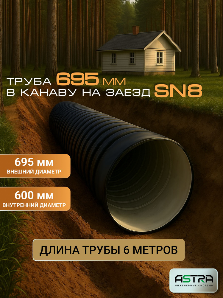 Труба SN8 695/600 в канаву под заезд/под дорогу пластиковая, длина 6 метров (для проезда грузовых авто) #1