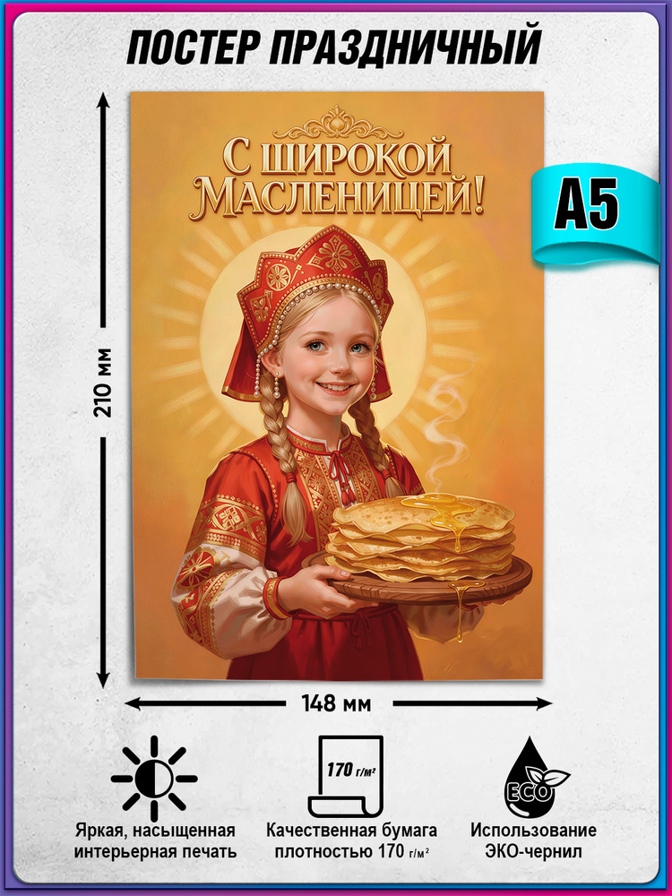 Плакат "С Широкой Масленицей!" / Постер для украшения к Масленице / А-5 (15x21 см.) #1