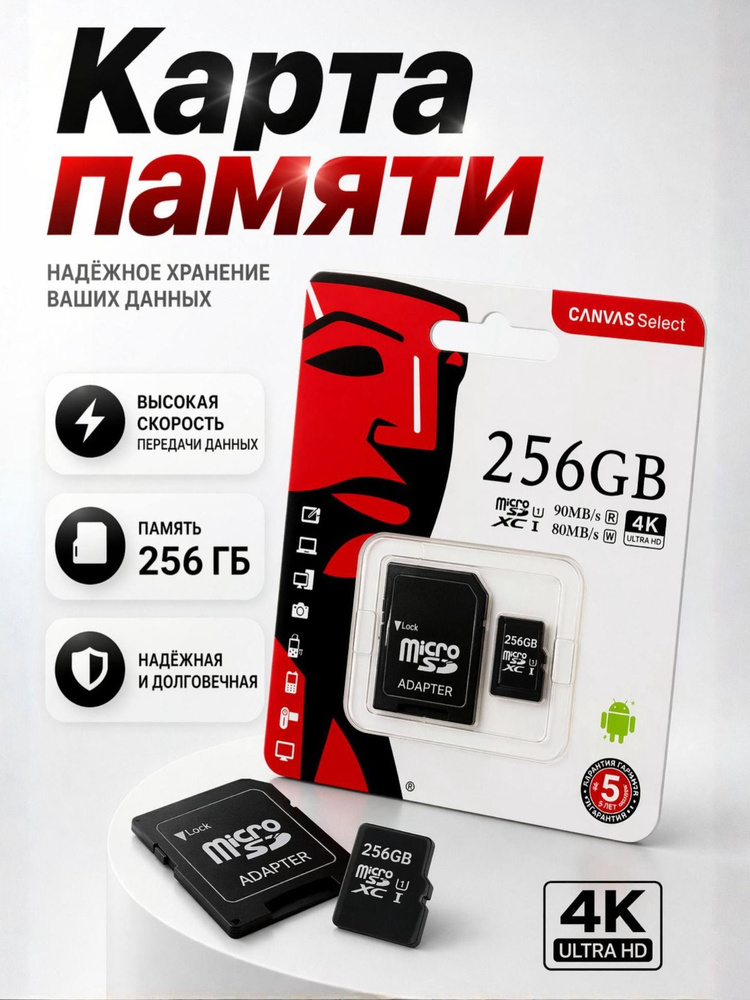 256 ГБ Карта памяти microSDXC Canvas Select, Class 10, V10, запись - 80 Мбайт/сек, чтение - 90 Мбайт/сек, #1