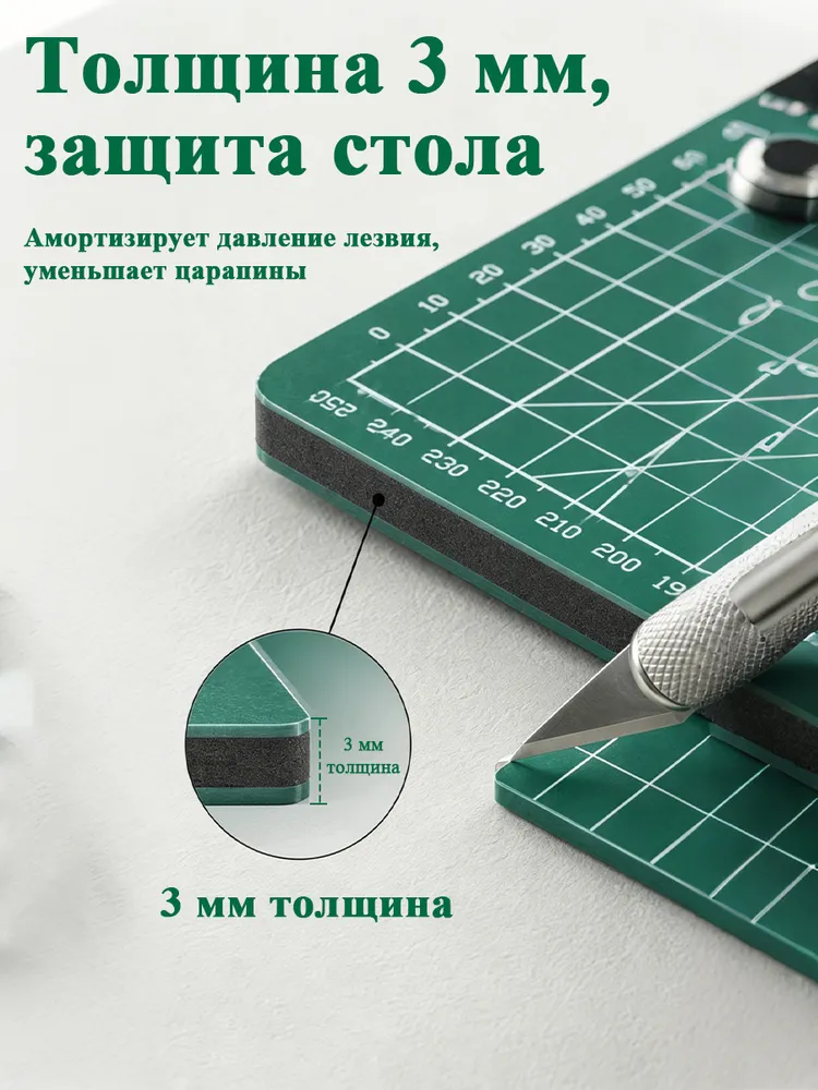 Коврик для резки А3 4530 см двухсторонний самовосстанавливающийся из ПВХ с направляющими сетками и угловыми шаблонами, в комплекте стальная линейка 30 см и поворотный нож с 3 лезвиями, вариант, фото 2