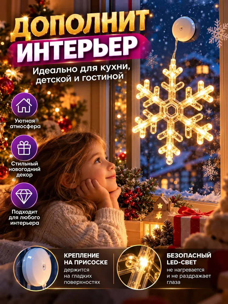 Светодиодная фигура на присоске на окно ,новогоднее украшение на батарейке, Снежинка, вариант, фото 3