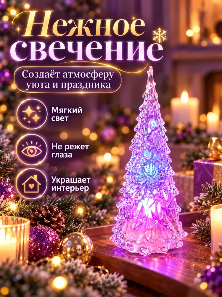 Ёлочка светодиодная новогодняя, ночник рождественский, разноцветной свечение, 12 см, вариант, фото 2