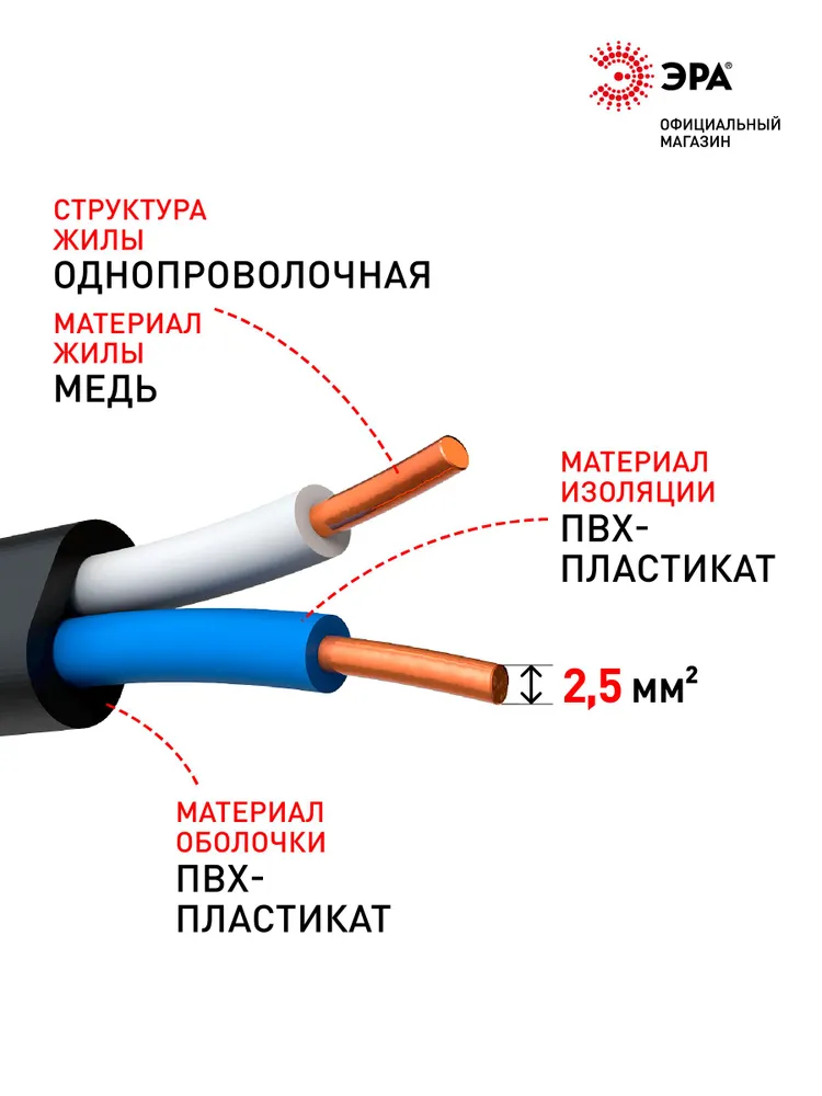 Кабель силовой ЭРА ВВГ-Пнг(А)-LS 2х2,5 мм.кв., 100 м, медный, ГОСТ, 10450 г, 2x2.5 мм, 50 м, фото 3