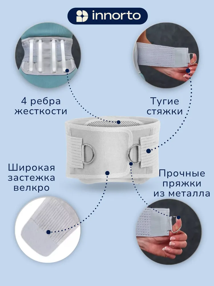 INNORTO Корсет для спины ортопедический пояснично-крестцовый поддерживающий Пояс для спины мужской, женский для поясницы, черный, XXL, серый, фото 3