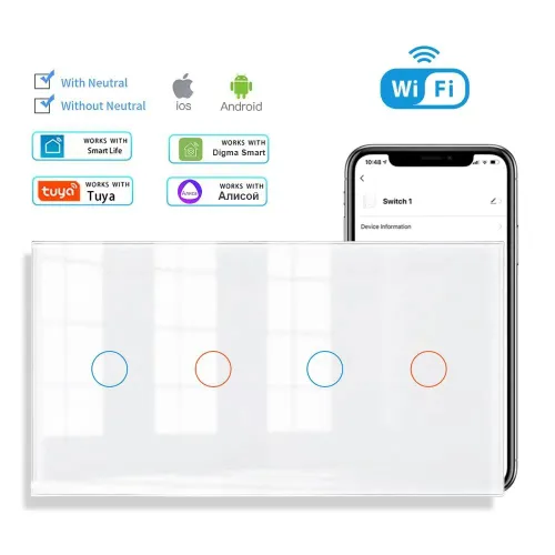 Умный сенсорный выключатель с Алисой WIFI двухклавишный ,4 клавиша, 2пост стекло 153х82 мм ,белый