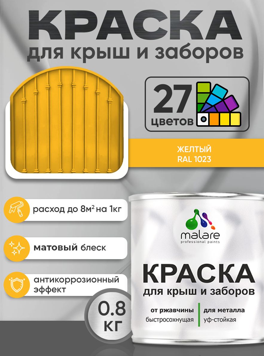 Краска по металлу Malare для крыш и заборов по ржавчине, для наружных работ, быстросохнущая износостойкая RAL 1023 желтый, матовая, 0,8 кг