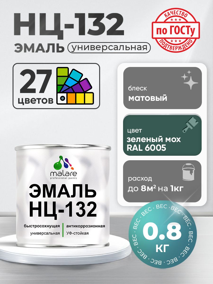 Эмаль Malare НЦ-132 краска для металла по дереву для минеральных поверхностей для внутренних и наружных работ антикоррозионная быстросохнущая RAL 6005, зелёный мох, матовая, 0,8 кг